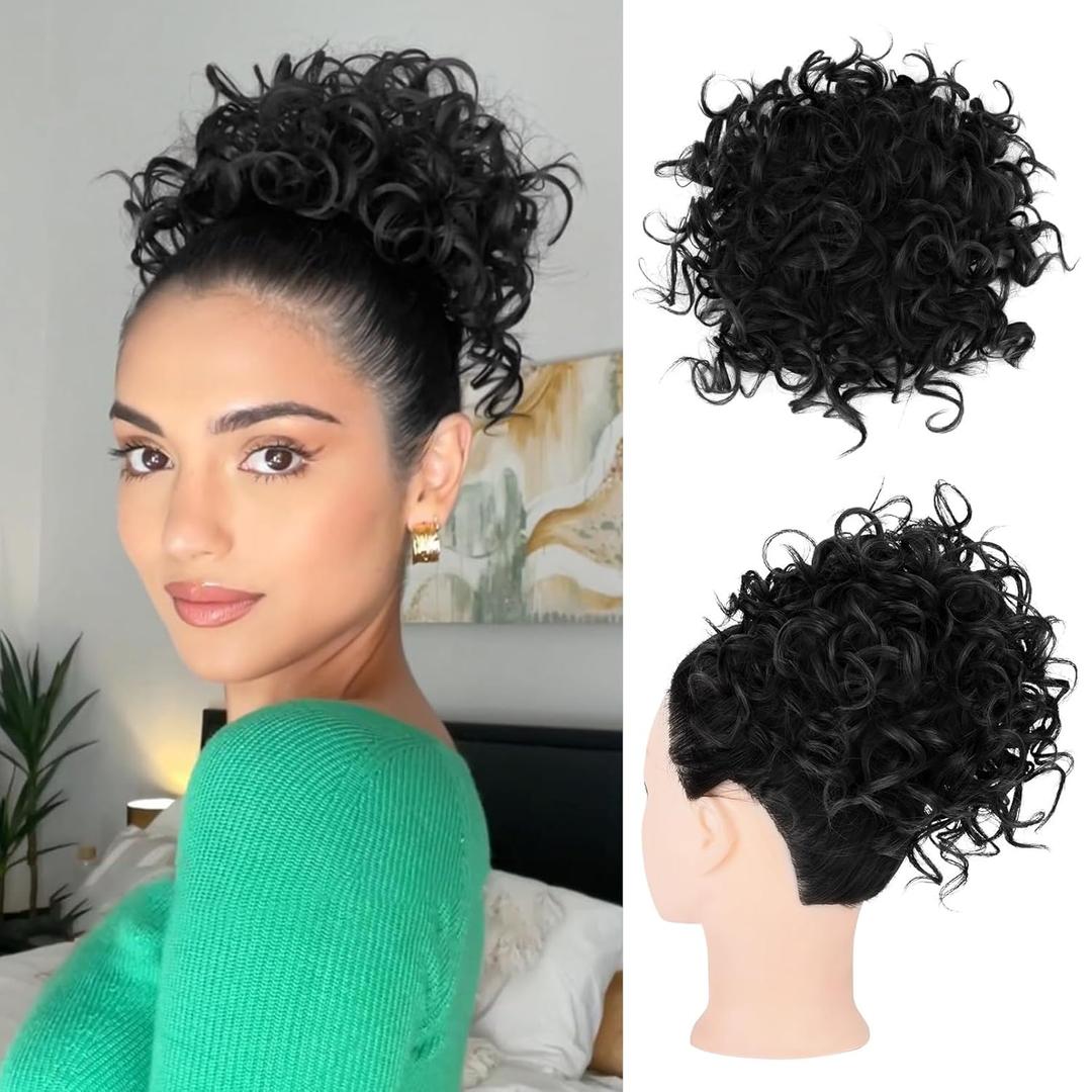 HOOJIH Messy Hair Bun Hair Piece Elastic Drawstring Loose Wave Large Curly Bun Short Synthetic Ponytail Extension for Women Daily Use - Natural Black