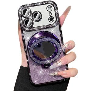 for iPhone 17 Pro Magnetic Case, [Compatible with Magsafe] Kickstand Shockproof Glitter Girls Woman Cute Bling Cover Makeup Mirror Ring Holder with Camera Protector for iPhone 17 Pro, Purple