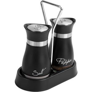 2 PCS - Stainless Steel and Glass Salt and Pepper Shaker Sets with Holder (BLACK)