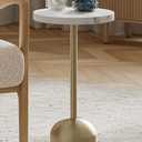 Round Metal Drink Table with Faux Marble Top, Brass Pole & Dome Base – Modern Small Pedestal Side Table for Living Room, Bedroom, or Office – Easy Assembly, Scratch-Resistant Base