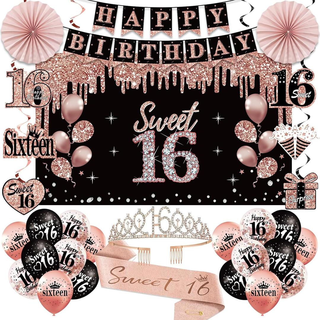 16th Birthday Decorations for Girls, 33pcs Sweet 16 Crown and Sash, Black Rose Gold Happy 16th Birthday Banner Balloons Backdrop Hanging Swirls Paper Fans, Sixteen Party Decorations Kit