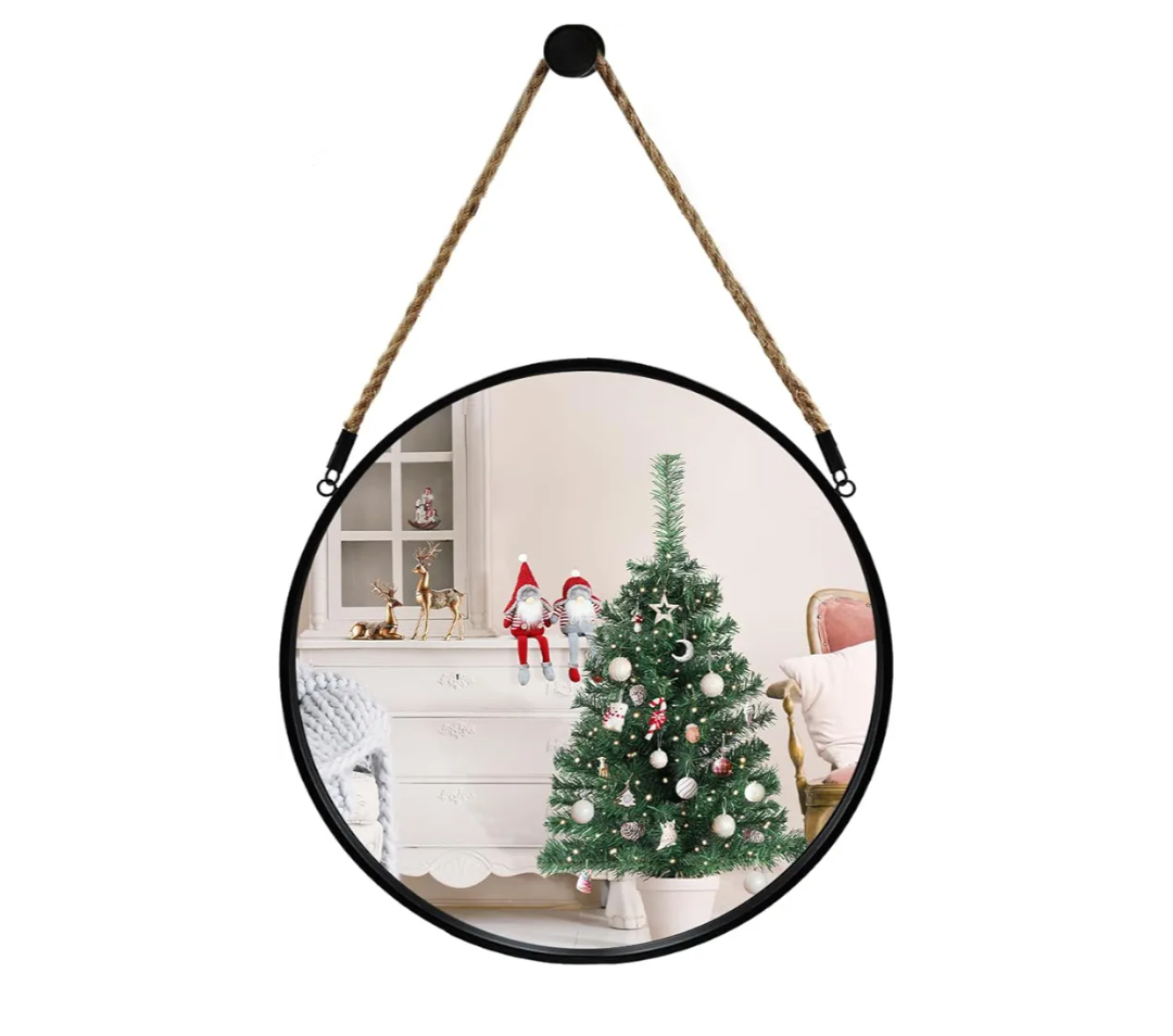 POZINO Round Mirror, 15" Rope Hanging Mirror, Farmhouse Circle Mirrors, Black Metal Frame Wall Mirrors for Bathroom, Bedroom, Living Room, Entryway, Fireplace, Home Decor