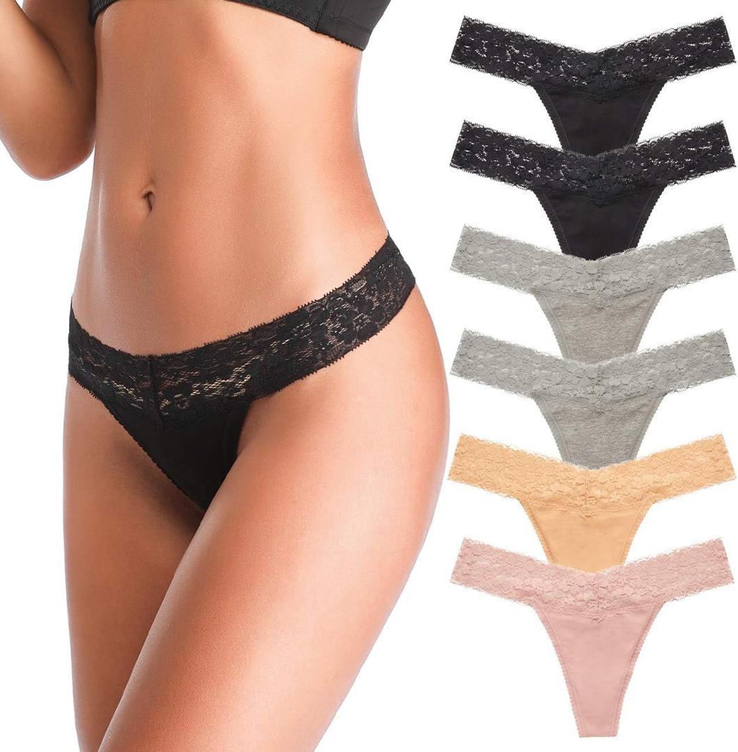 ANNYISON Women's Thongs, T Back Low Waist See Through Panties Cotton Seamless Lace Thongs for Women (Medium, Multicolored)