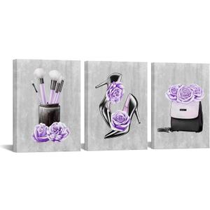 DuoBaorom Purple Fashion Wall Art Makeup Handbags Canvas Picture Women Bedroom Decor