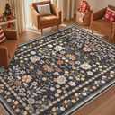 5x7 Area Rug Living Room Rugs - Washable Boho Vintage Floral Large Soft Non Slip Thin Rug Low Pile Carpet for Bedroom Dining Room Kids Playroom Office Decor Indoor- Black Grey
