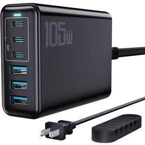 105W USB C Fast Charger, 6-Port Desktop GaN USB Charging Station Hub, USB C Charger Block Wall Charger for iPhone 17/16/15/14/13/12/11, iPad, Samsung and More (Cable Organizer Included)