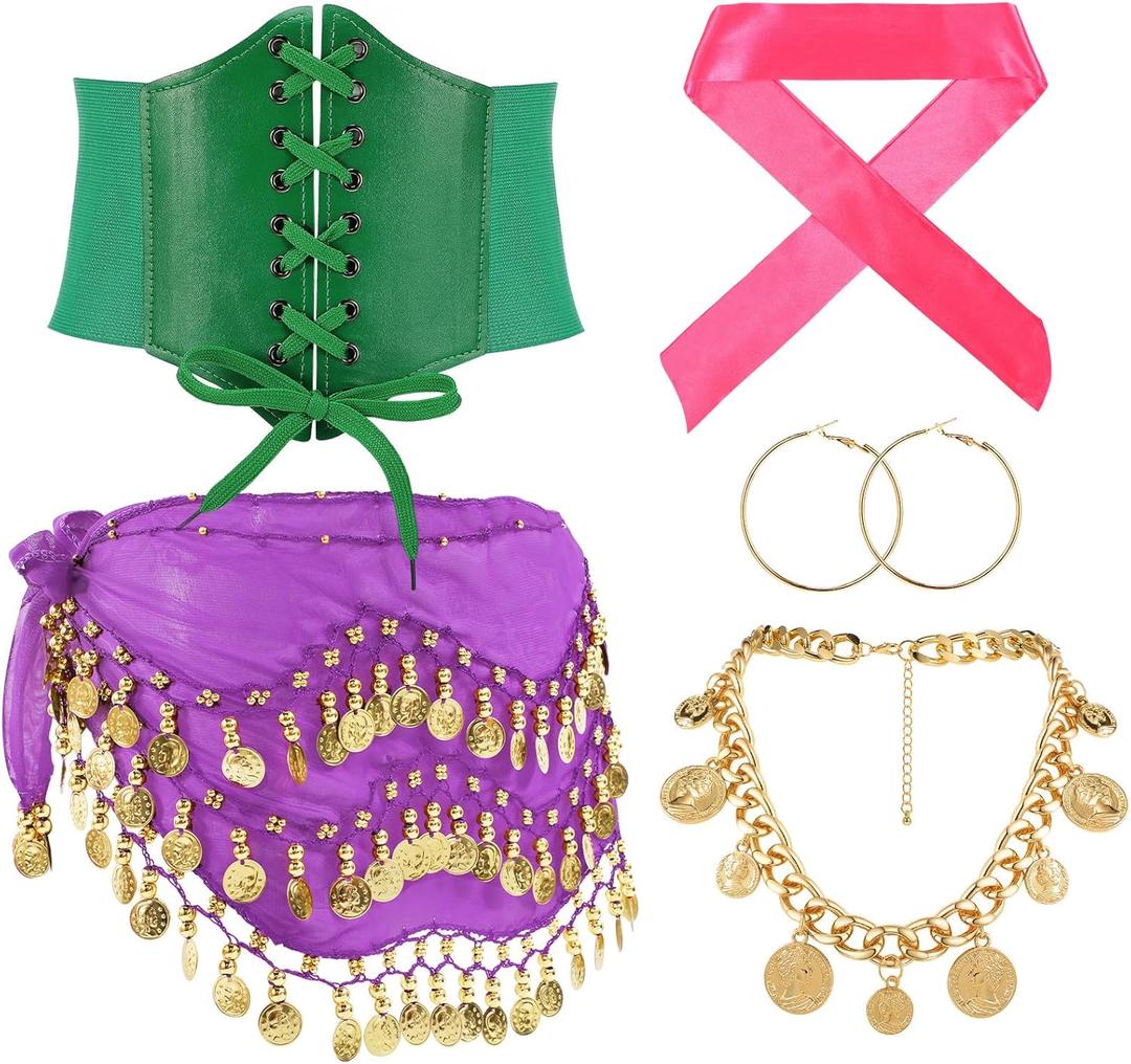 Tarpop 5 Pcs Halloween Costume for Women Gypsy Costume Accessories Coin Waist Chain Waist Seal Scarf Earrings Necklace (Purple)