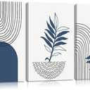 3Pcs Navy Blue Boho Canvas Wall Art Abstract Bohemian Poster Print Geometric Botanical Lines Picture Minimalist Mid-Century Modern Painting Wall Decor for Bathroom Bedroom Office 12x16in Framed (16L" x 12W")