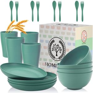 Wheat Straw Dinnerware Sets, Homienly 20pcs Unbreakable Microwave Dishwasher Safe Tableware Lightweight Bowls, Cups, Plates Set Reusable Dinner Plates Bowls set (Green)