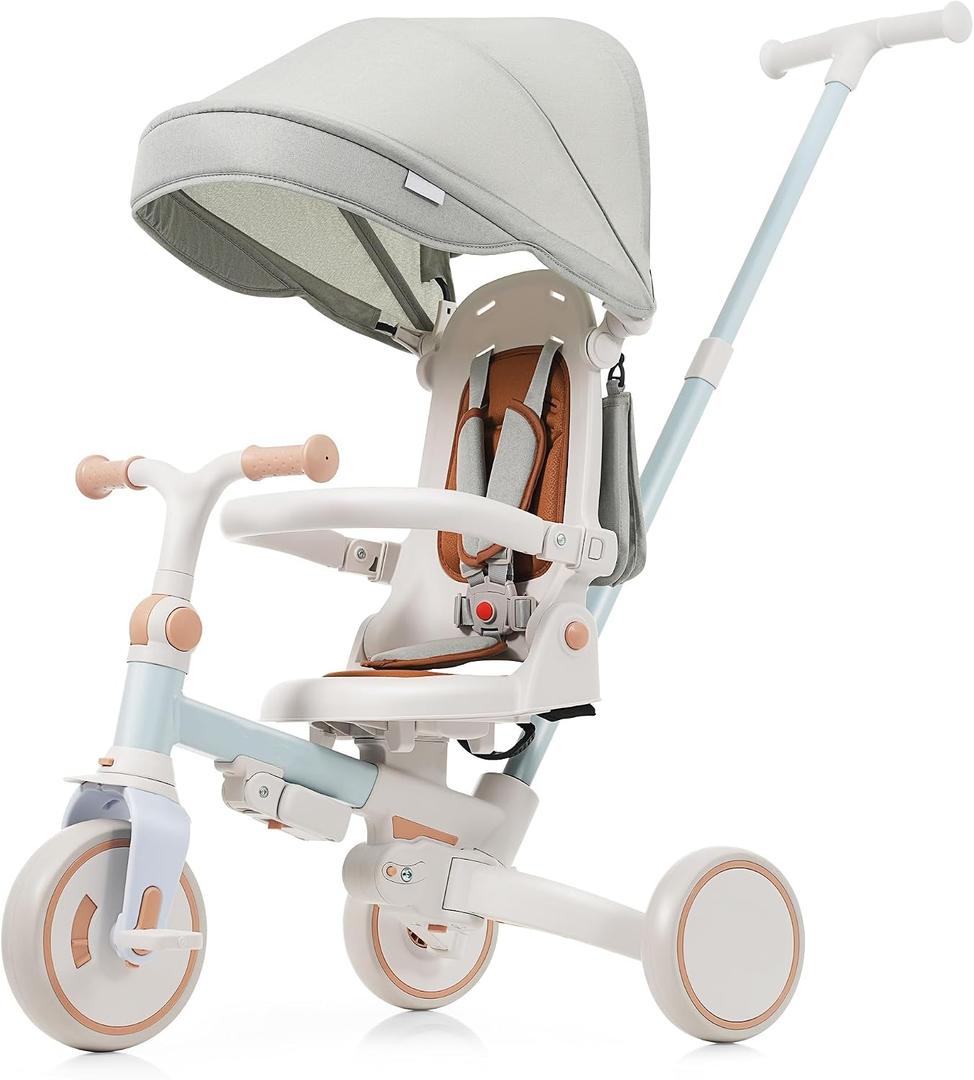 7 in 1 Baby Tricycle for 0 to 12 Months, Foldable Toddler Tricycle with Adjustable Parent Handle, Removable Pedals, Canopy, and Guardrail, Perfect for Outdoor Adventures (Blue)