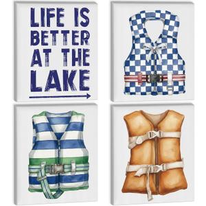 Bucherry Lake House Canvas Wall Art Set of 4 Vintage Life Jacket Beach House Wall Decor Rustic Lakehouse Decor for Cabin Farmhouse Kitchen Bathroom Bedroom, 8 x 10 Inch
