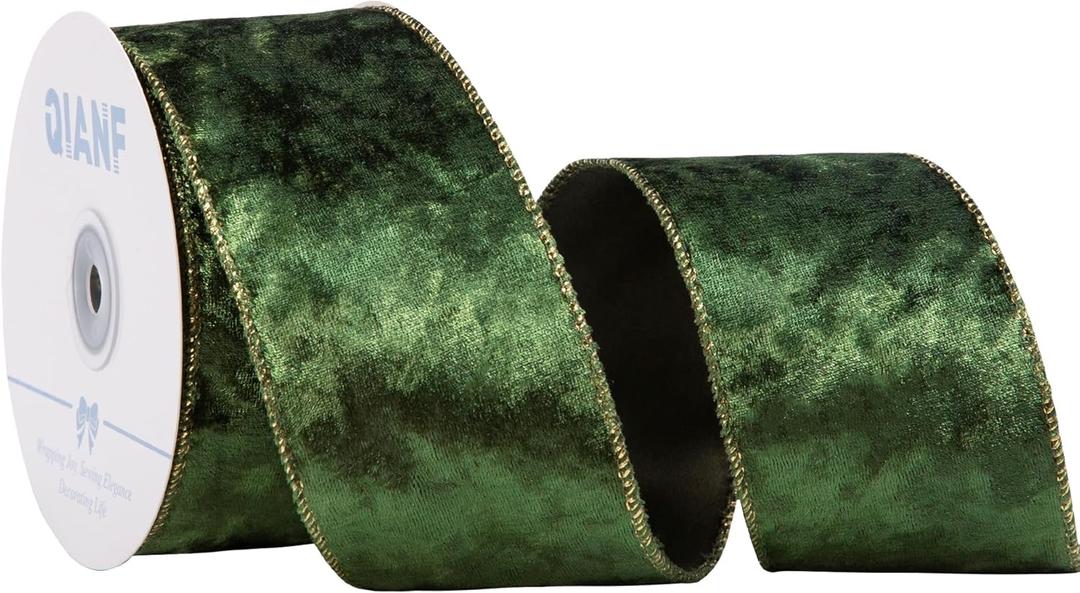 Moss Green Velvet Wired Edge Ribbon, 2.5 Inch x 10 Yards Crushed Velvet Christmas Ribbon for Christmas Tree Decoration Gift Wrapping Garland Wreaths Bows Making