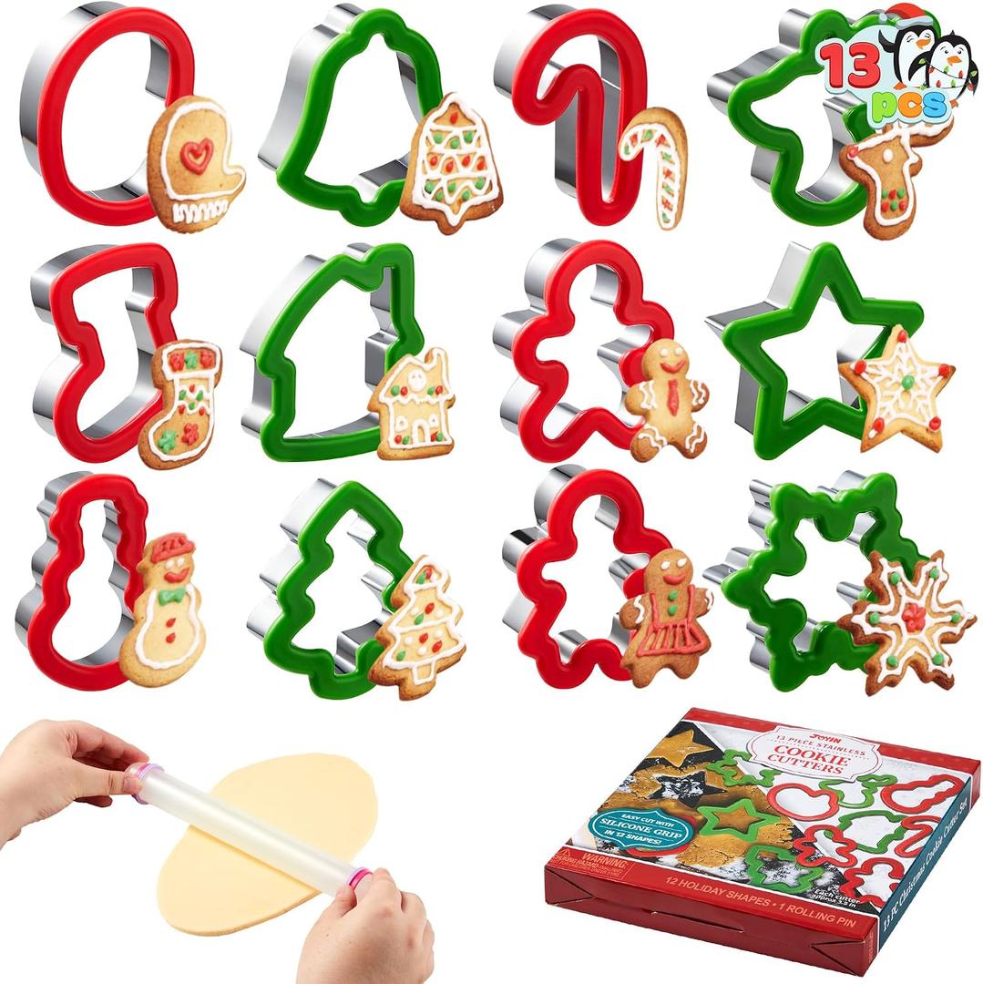 JOYIN 13 PCS Christmas Cookie Cutters in Stainless Steel with 3.5 plus Grip and a Rolling Pin for Xmas Holiday Party Baking Supplies, Snowflake, Gingerbread Cookies Mold and Baking Gift