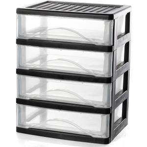 BYCY 4-Drawer Clear Stacking Desktop Organizer for Office Supplies Small Business Organization, Stackable Storage Drawers Plastic Storage Bins For Kitchen Cabinets, Pantry, Home Organization (Black)