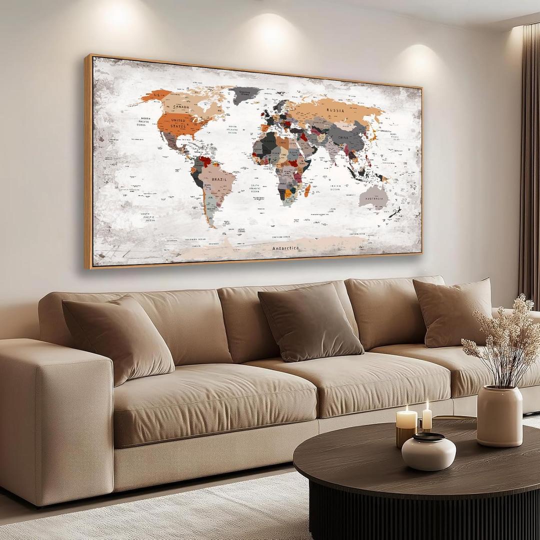 BQVCT Large World Map Wall Art, Framed Canvas Print, Office World Map Wall Decor Map of the world Picture Artwork Decor for Home Bedroom Decoration 30 x 58 inch Ready to Hang (Multicolor)