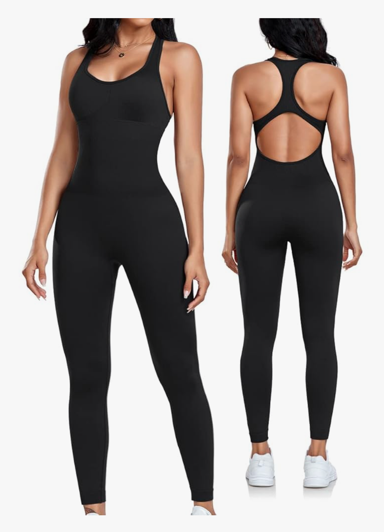 Womens Workout Jumpsuits Seamless Yoga Gym Bodycon Rompers Sexy Racerback Tummy Control Padded Bra Unitard, Size XL