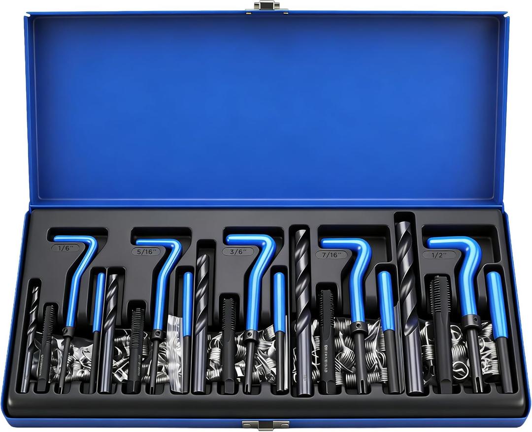 SEDY SAE Thread Repair Helicoil Kit - 131PC with HSS Drill Bits, Inserts, Taps, and Breakoff Tools for Rethreading on Metal, Engine, Pipe Repair - Sizes 1/4" 5/16" 3/8" 7/16" 1/2"