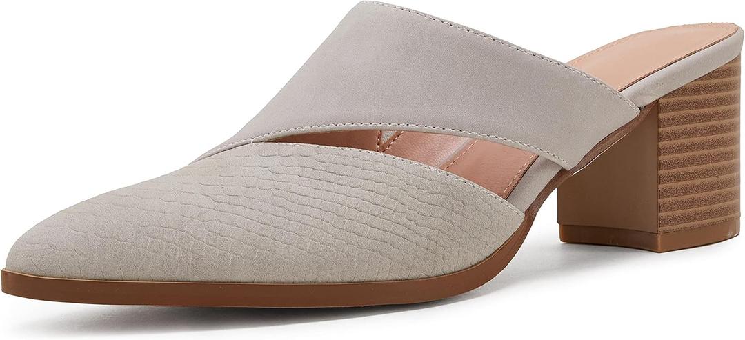 Syktkmx Women's Cutout Backless Mules Slip On Closed Toe Chunky Stacked Heeled Sandals (5.5, Grey)