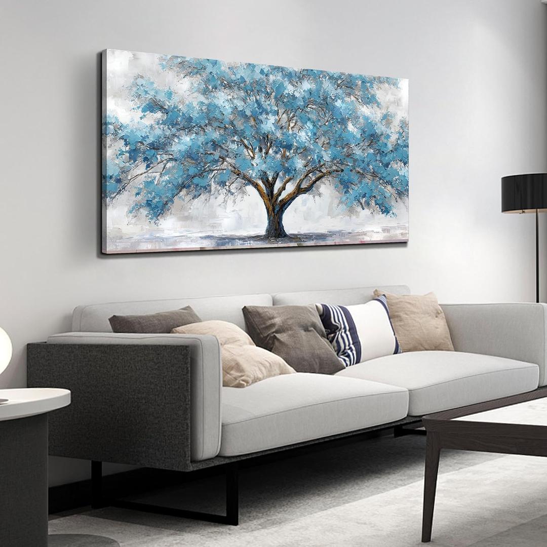 JuhaiArt Teal Wall Decor Tree Wall Art for Living Room Bedroom Home Office White Canvas Picture 24" x 48" modern Prints Art