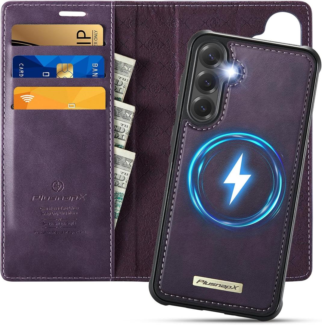 Wallet Case for Samsung Galaxy S25 Plus Compatible with Magsafe, 2-in-1 PU Leather Flip RFID Blocking Card Holder Stand Shockproof Magnetic Detachable Case for Galaxy S25 Plus, Retro Purple