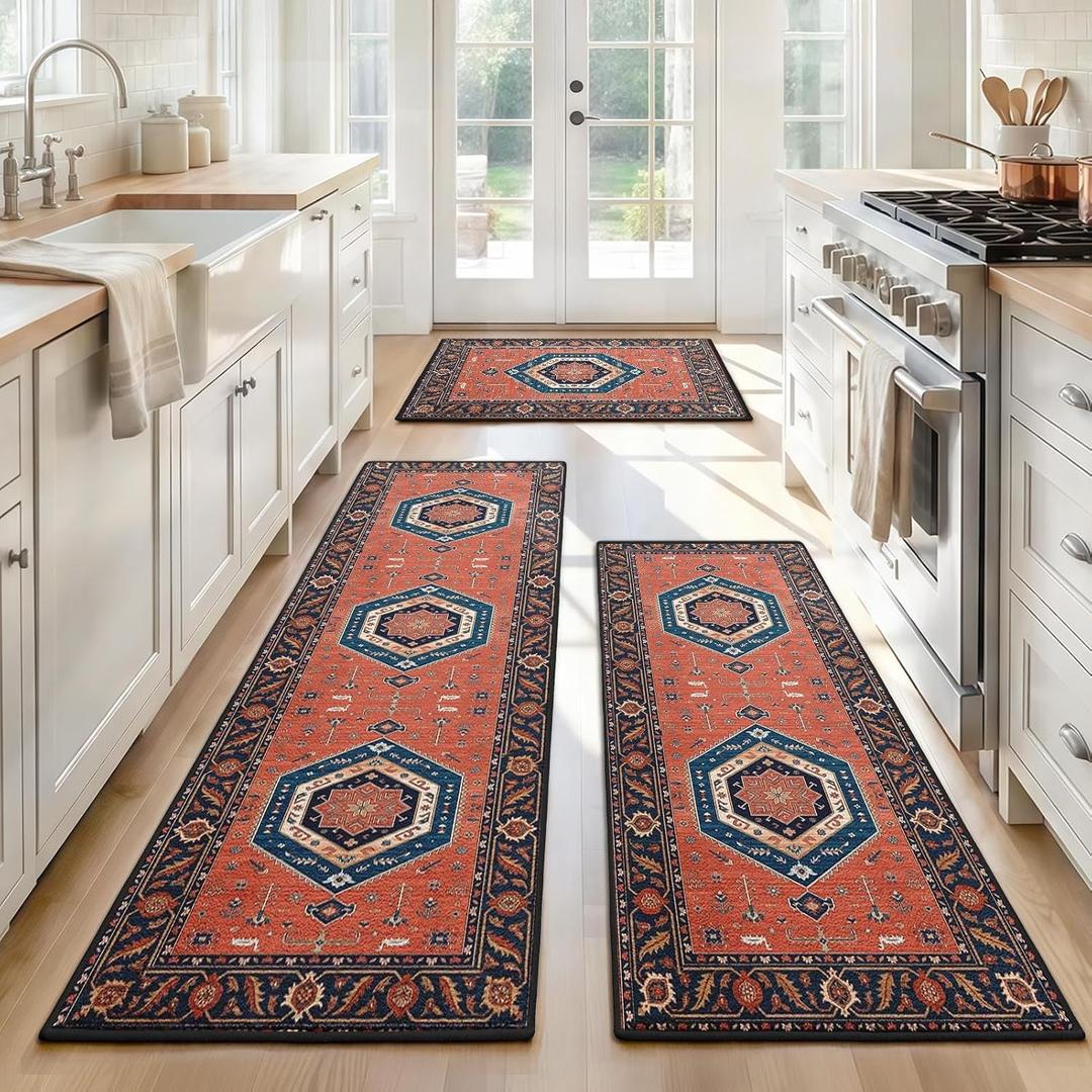 Kitchen Rugs Set of 3, Washable Non-Slip Kitchen Mats for Floor with Rubber Backing, 1'8" x 4'11"