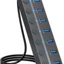 USB Hub 3.0, 7-Port USB Hub Splitter with Individual On/Off Switches and Lights, 3.2ft/1m Long Cable Compatible with MacBook, Laptop, Surface Pro, PS4, PC, Flash Drive, Mobile HDD-Gray