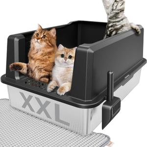 Stainless Steel Jumbo Open Cat Litter Box, XXL 28"x20.5"x14" for Large Cats & Multi-Cat Households, Anti-Leakage High Walls & Non-Slip Base, Non-Sticky, Easy Clean Durable Metal Litter Pan