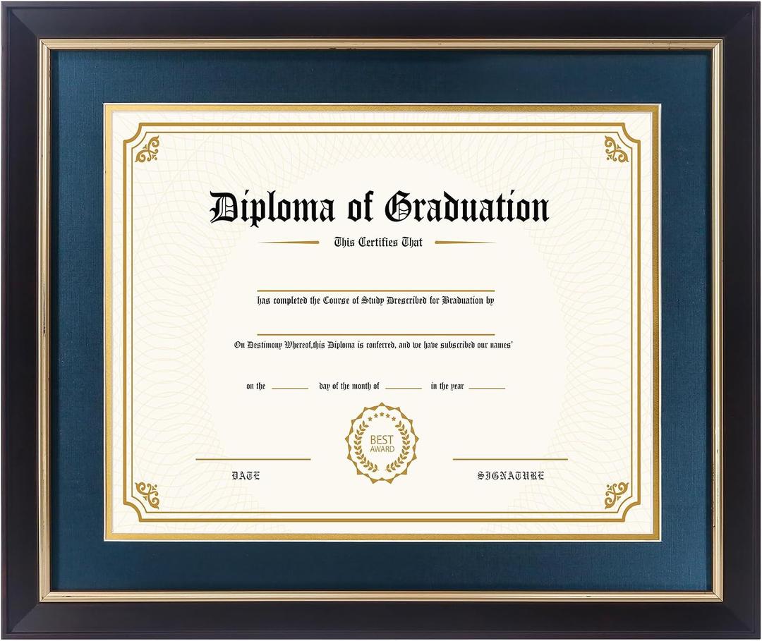 FramePro 11x14 Diploma Frame with Navy over Gold Mat, 14x17 Certificate Frame, Real Wood with Gold Trim, Black Frame with Arcylic