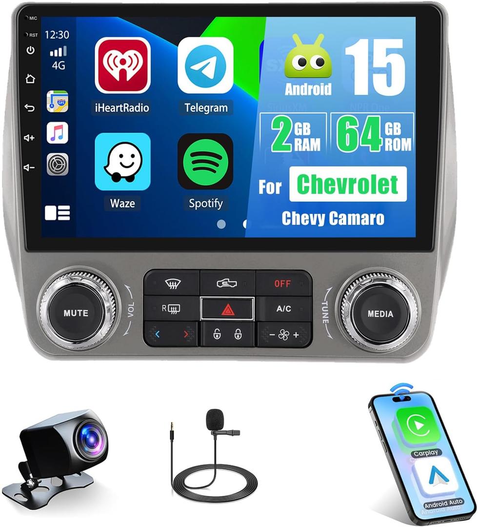 2+64G Android 15 Car Stereo for Chevrolet Chevy Camaro 2010-2015,9 inch Touch Screen Radio Wireless Apple CarPlay Android Auto 26UI WiFi GPS FM RDS Bluetooth+Free AHD Backup Cam 2+64G Android 15 Car Stereo for Chevrolet Chevy Camaro 2010-2015,9 inch Touch Screen Radio Wireless Apple CarPlay Android Auto 26UI WiFi GPS FM RDS Bluetooth+Free AHD Backup Cam