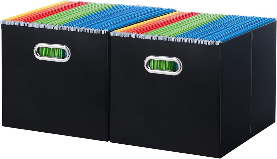 Oterri File Organizer, 2 Packs Large Storage Box, Cardboard File Folder Organizer, Collapsible File Box for Hanging File Folders Letter Size, Portable Filing Organizer with Handle (Black, Letter Size - 2 Packs-Large)