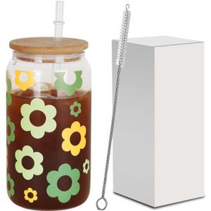 Initial Glass Cup(Flower), Monogrammed Gifts for Women, 16 oz Clear glass cups w/lids and Straws, Iced Coffee Smoothie Beer Tumbler - Personalized Mothers Day,Birthday Gifts for Her Mom Friend (16OZ-MSLH-BLB)