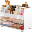 Makeup Organizer Countertop with 2 Large Drawers, Vanity Organizer with Brush Holder, Skin Care Storage for Dresser, Perfume Organizer for Lotion, Lipsitck, Palette (White)