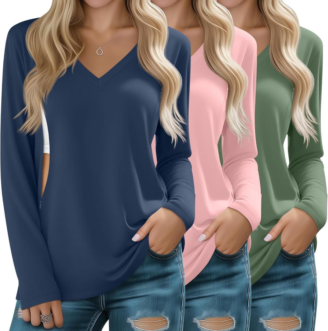 Huukeay 3 Pack Women's Long Sleeve Nursing Tops, Breastfeeding Hidden Zippers Shirts V Neck Maternity Pregnancy Tees Clothes (Size L)