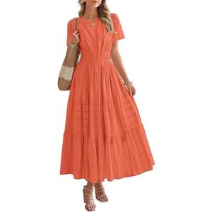 BTFBM Womens Summer 2026 Casual Midi Maxi Dresses Lightweight Short Sleeve V Neck Elastic Waist Boho Beach Dress Pockets M