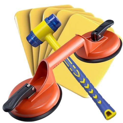 Magicbox Floor Gap Fixer Tool with 5PCS Sticky Pads and Rubber Mallet for Floating Wood Floors and Moving Glasses, Compatable with Laminate Flooring, Solid Wood Flooring etc Orange, 180LBS Suction