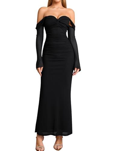 KUTUMAI Off Shoulder Long Sleeve Formal Dress Elegant Bodycon Ruched Cocktail Wedding Guest Dresses for Women 2025 Fall Black XL