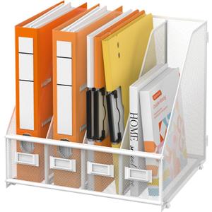 DALTACK Desk Organizers Metal Magazine File Holder with 4 Vertical Compartments Folder Storage Binder Organizer for Office Home School Organization, White