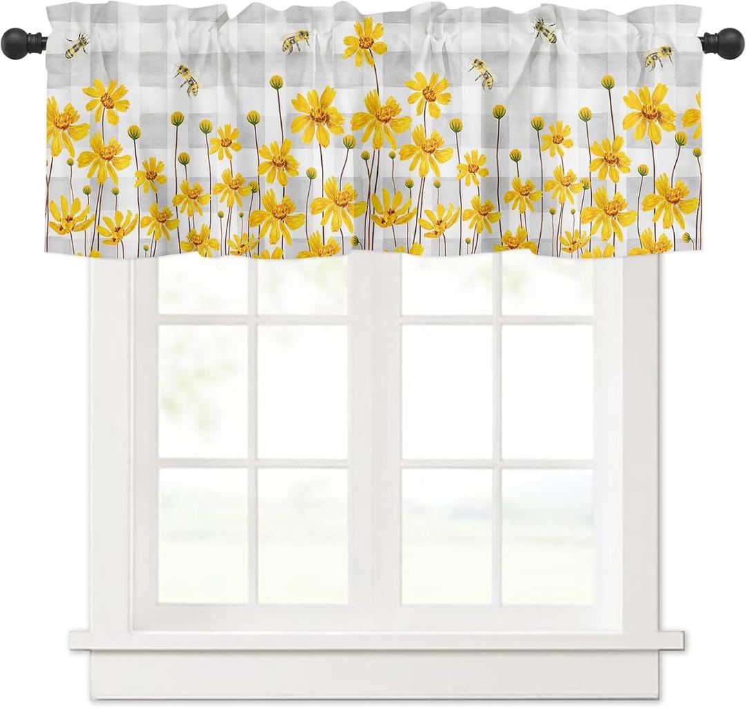 T&H XHome Kitchen Valances for Windows Yellow Floral Honey Bee Summer Flowers Grey Plaid 42" W x 12" L Window Valances Rod Pocket Short Curtains for Bathroom, Living Room, Bedroom, Farmhouse, Cafe
