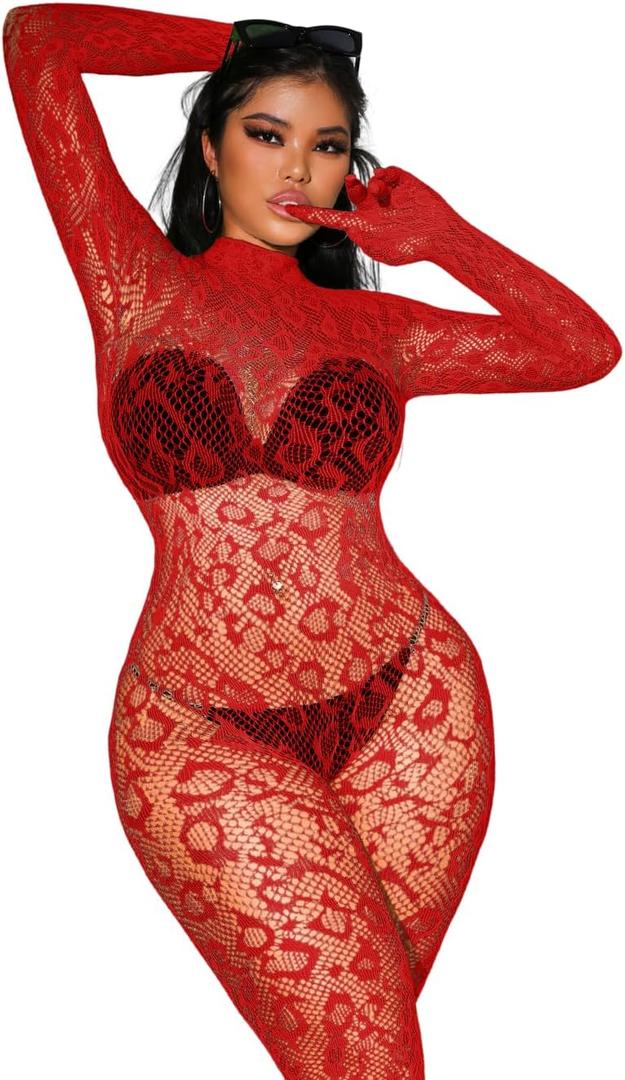 Sexy Lace Leopard Jumpsuit For Women, Fishnet Bodysuit Glow Party Club, Poster One Piece Mesh Full Body Rave Outfits (Red), M