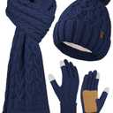 Aneco Women Winter Beanie Hat Scarf Gloves Set Warm Fleece Cap with Pompom Knit Anti-Slip Touchscreen Gloves for Cold Weather Blue