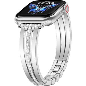 KOREDA Slim Gold Band Compatible for Apple Watch Band 38mm 40mm 41mm 42mm 44mm 45mm 46mm 49mm Series 11 10 9 8 7 SE Ultra Women, Thin Metal Dressy Jewelry Bracelet with Bling Diamond for iWatch Series 6/5/4/3/2/1 (Silver)