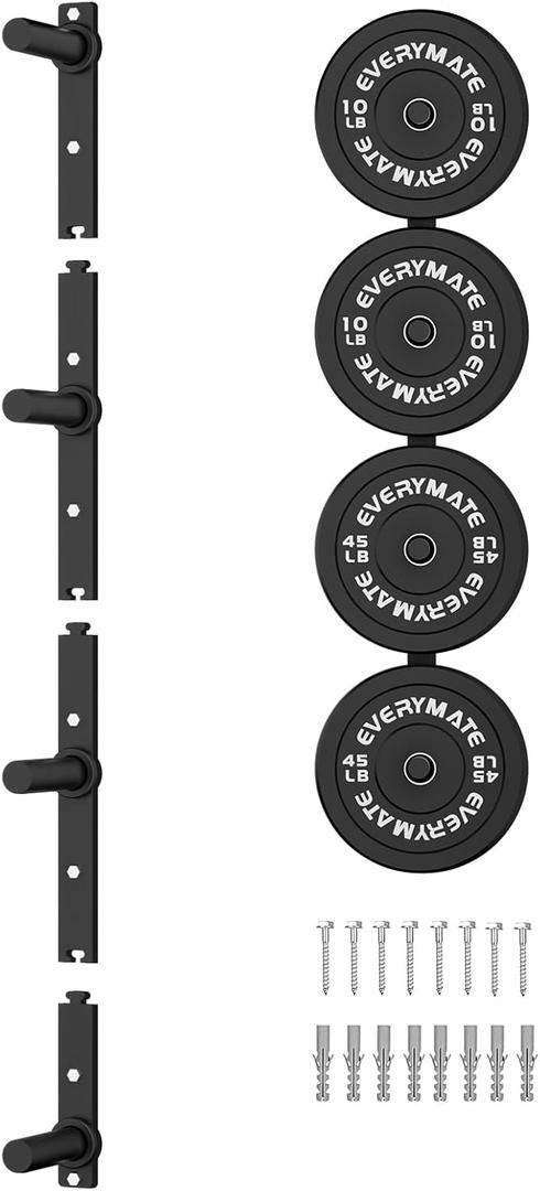 EVERYMATE Weight Plate Storage Rack, Olympic Weight Plate Holder, Bumper Plate Storage, Home Gym Organizer (Fit 2 inch plates, 4pegs)