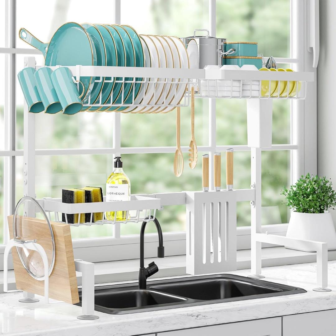 Dish Drying Rack Over The Sink - Large Capacity Stainless Steel Dish Drainer, Multifunctional Kitchen Organizer, White, 11" D x 30"~33.9''W x 21.5" H