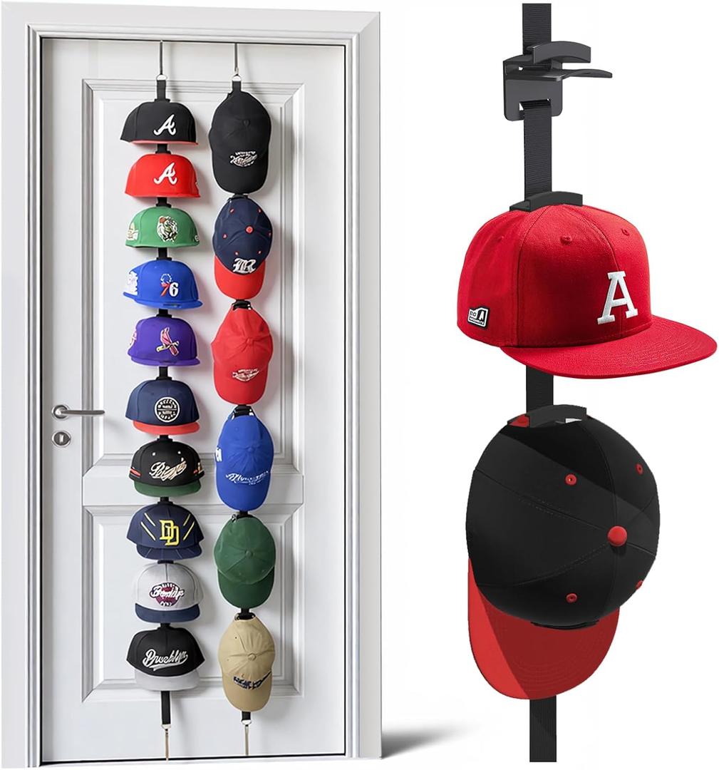 Hat Rack for Door - Two-Way Hanging Caps with Display Hooks and Hanger, Hat Organizer for Baseball Caps, Over the Door Hat Storage Organizer for Bedroom, Entrance or Garage Doors - 2 Packs