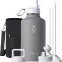 Half Gallon Water Bottle Insulated with Straw & 3 Lids, Coolflask 64 oz Water Jug Large Metal Stainless Steel Wide Mouth for Sports, Gym or Office, Non-BPA Keep Cold 48H Hot 24H, Dark Grey