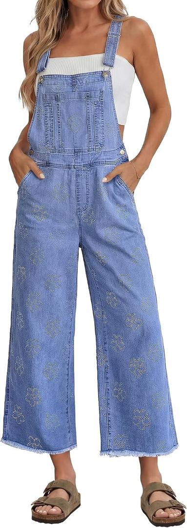 luvamia Denim Bib Overalls Women Wide Leg Capri Loose Fit Jean Jumpsuits for Women Casual Summer Stretchy Embroidered Overall Raw Hem Floral Medium Blue Small, US Size 4-6. S Size