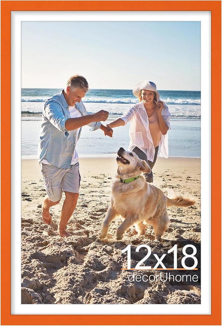 decorUhome 12x18 Picture Frame, Display Pictures 11x17 with Mat or 12x18 without Mat, Wall Mounting Photo Frame, Orange, 1 Pack