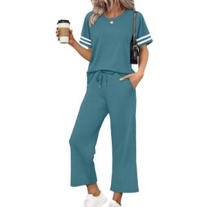 WIHOLL Two Piece Sets for Women Summer Outfits Lounge Sets Short Sleeve Tops Wide Leg Pants Vacation Travel Outfits (Blue, L)