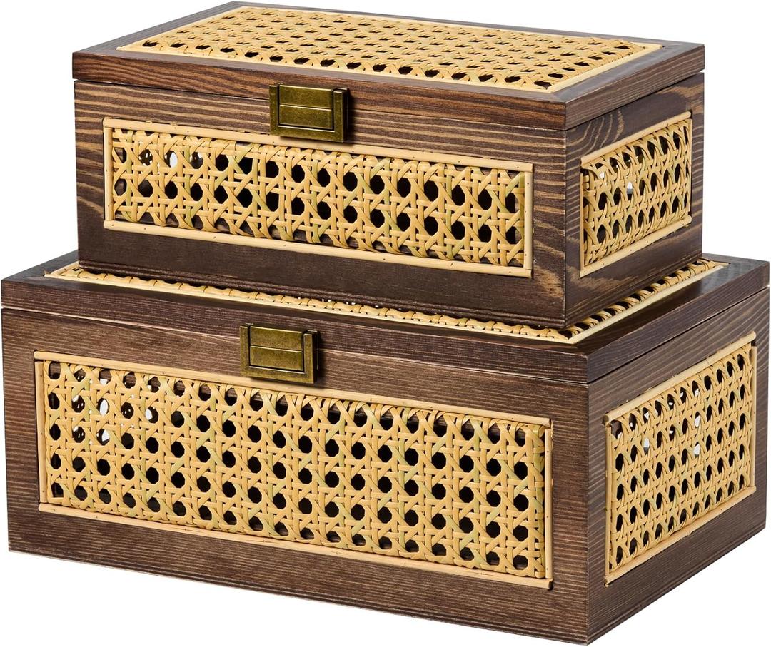 2PCS Rattan Storage Boxes Decorative Handmade Natural Wood Baskets with Lid Wooden Frame Boho Rustic Wicker Box Woven Cane Bins Shelf Closet Organizer Container (Walnut, 1 Large 1 Small)