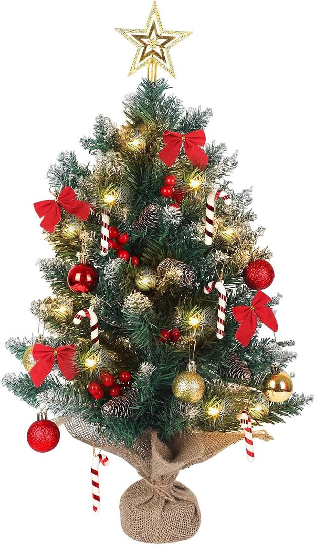 2FT Mini Christmas Tree with Lights Artificial Tabletop Xmas Tree with 26pcs DIY Decors Star Treetop Bows Berries Glitter Balls Pine Cones Wood Base with Burlap DIY Indoor Decor for Holiday
